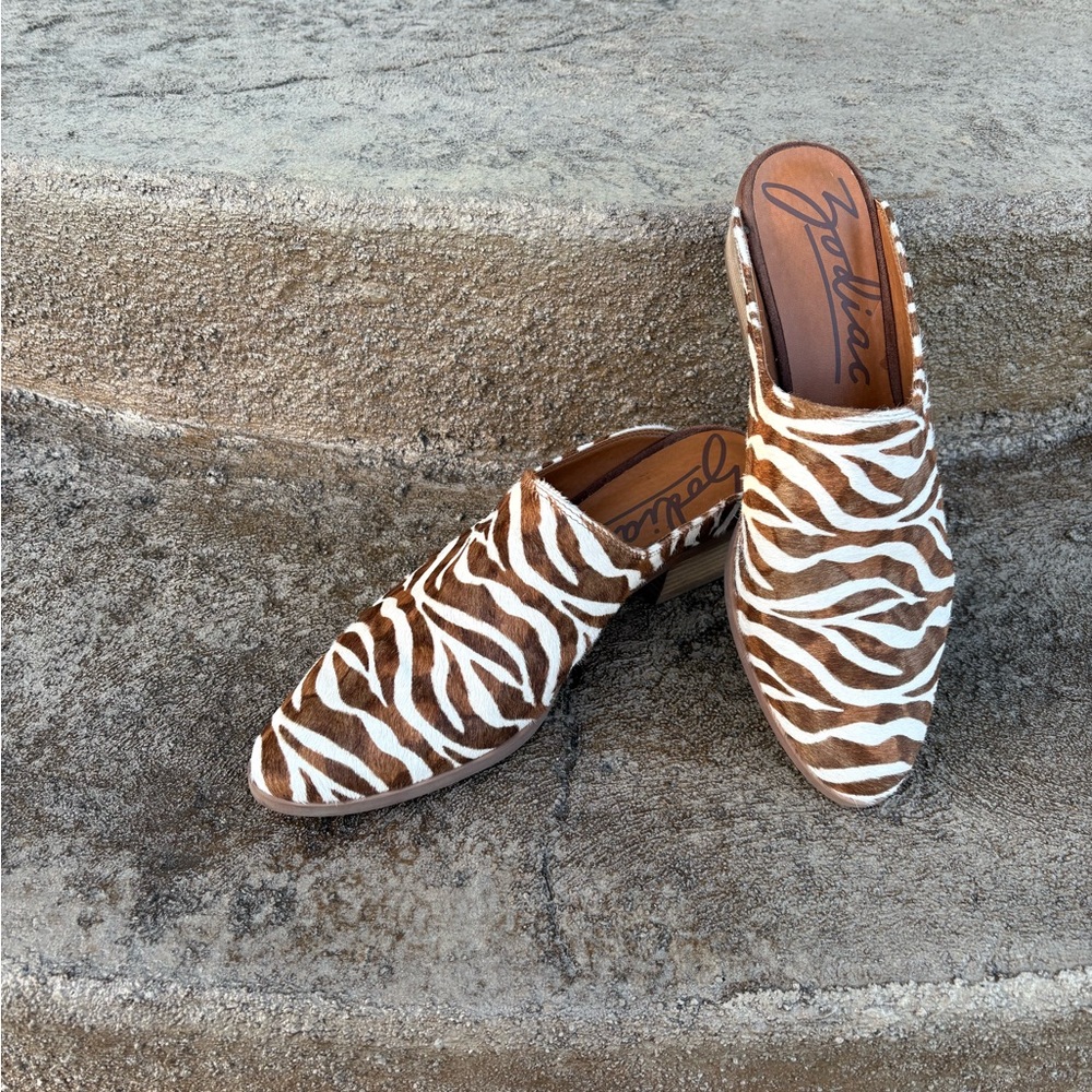 Zodiac Brown and White Zebra Print Mules